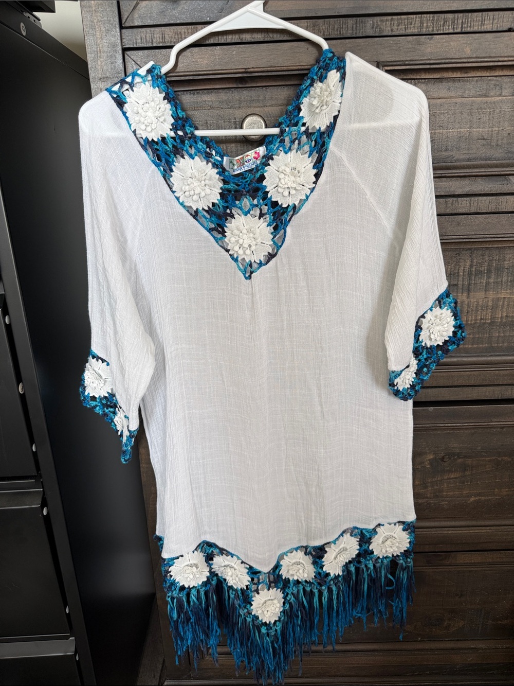 India Boutique White Crochet Fringe Swim Coverup with Blue Trim